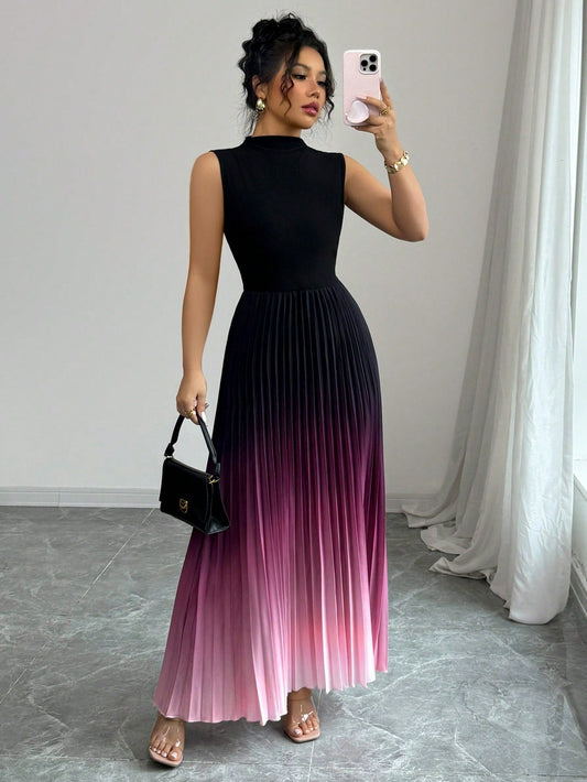 Ombre-Maxikleid mit Plissee, ärmellos und Stehkragen❤️BEI 2 ARTIKELN VERSANDKOSTENFREI