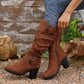 Kniehohe Damenstiefel mit gerüschter runder Zehenpartie