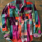 Unisex einfache Regenbogen farbe kariert Vintage bedruckte Revers lange Ärmel Taschen hemd