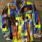 Unisex einfache Regenbogen farbe kariert Vintage bedruckte Revers lange Ärmel Taschen hemd