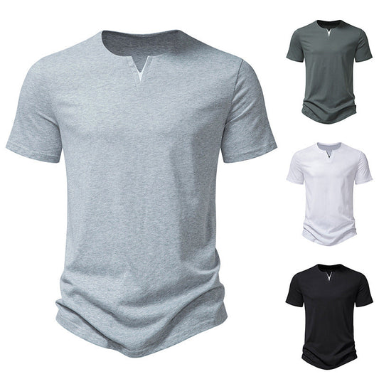 Einfarbiges Herren-T-Shirt aus Baumwolle mit V-Ausschnitt⭐Neu eingetroffen – 49 % RABATT