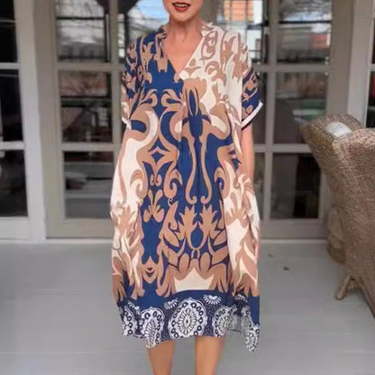 49% Rabatt👗 Bedrucktes, lockeres Midikleid mit V-Ausschnitt