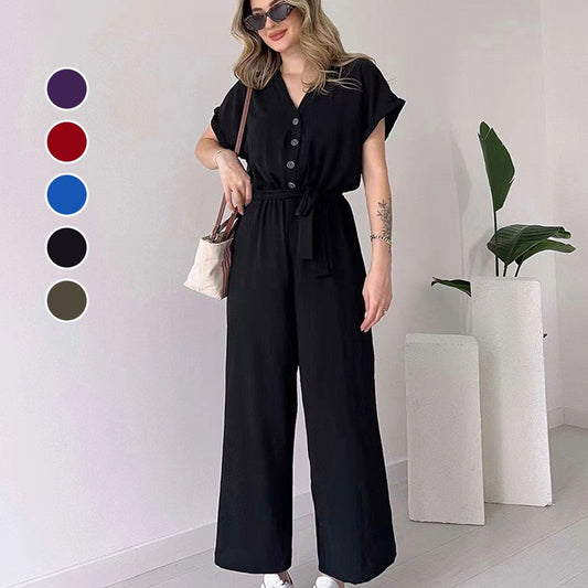 (48 % RABATT🔥) 💖Freizeit-Jumpsuit mit V-Ausschnitt und kurzen Ärmeln für Damen