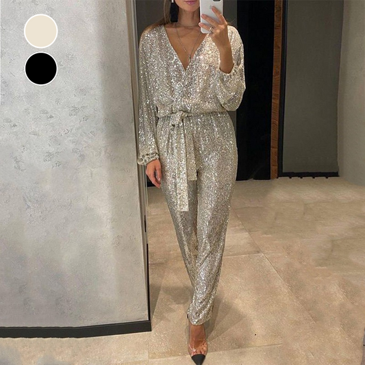 Glitzernde Damen Jumpsuits mit V-Ausschnitt und Gürtel【Kostenloser Versand】