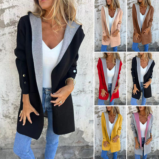 🌸Frühlingsangebote💐 Damen-Farbblock-Mantel mit offener Vorderseite und Kapuze
