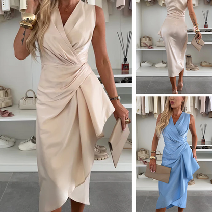 🔥Satin-Midikleid mit V-Ausschnitt und Rüschen und unregelmäßigem Rüschensaum