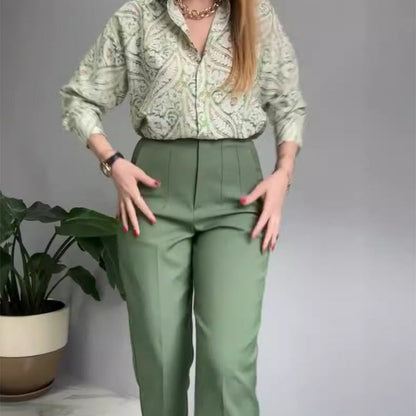 2-teiliges Set aus bedrucktem Hemd und Hose mit Knöpfen für Damen