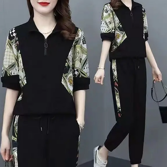 🎁 💥Damen Floral Patchwork Sport Kurzarm Top & Casual Hose Set