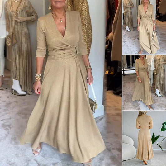 Damen-Wickelkleid in Maxilänge mit tiefem V-Ausschnitt