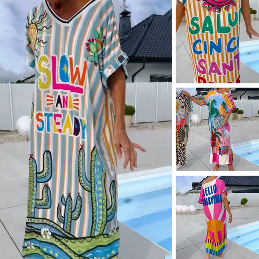 Damenkleid mit modischem Druck, kurzen Ärmeln und V-Ausschnitt