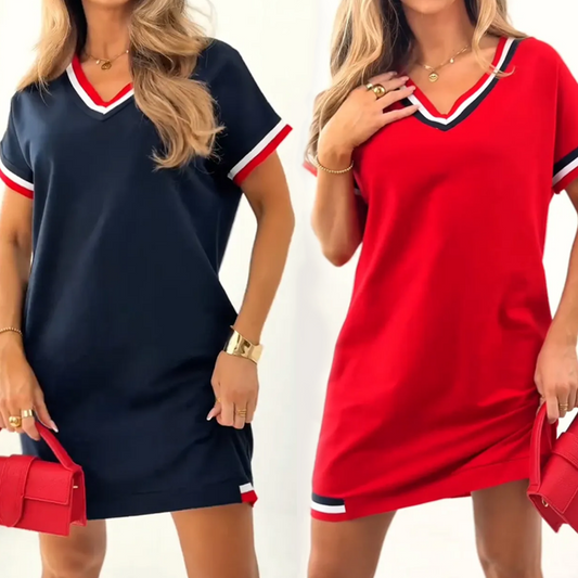 Midikleid mit V-Ausschnitt und Farbblock-Design