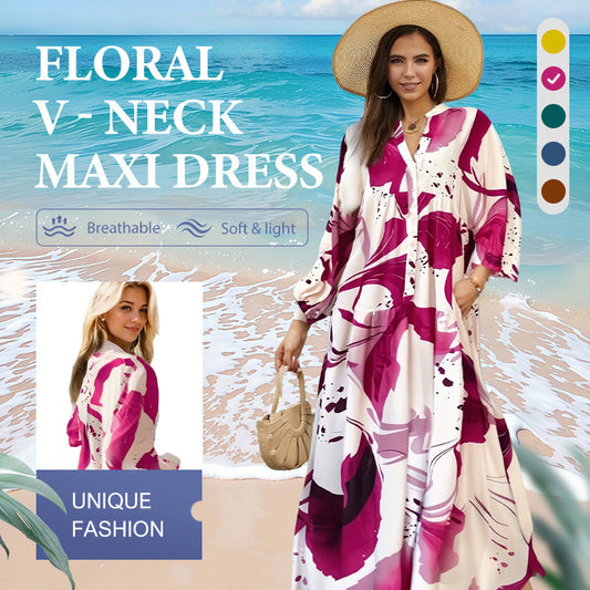 🌸💃 Maxi-Blumenkleid für Damen mit V-Ausschnitt