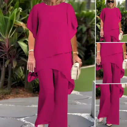 💎 50% RABATT! 💎 Damen-Chiffon-Zweiteiler – Asymmetrisches Doppellagiges Top & Weite Hose, Atmungsaktiv & Elegant für Frühling & Urlaub 🌸👗