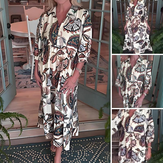 Lockeres Damen-Kleid mit Vintage-Print und V-Ausschnitt