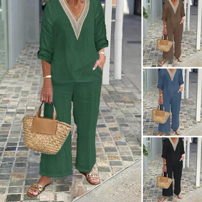 Damen-Zweiteiler: Bluse mit V-Ausschnitt & weite Hose