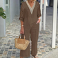 Damen-Zweiteiler: Bluse mit V-Ausschnitt & weite Hose