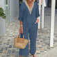 Damen-Zweiteiler: Bluse mit V-Ausschnitt & weite Hose