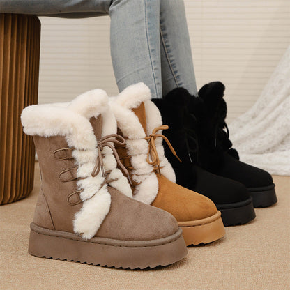 Damen-Schnürstiefel mit Plateau und Fax-Fellbesatz