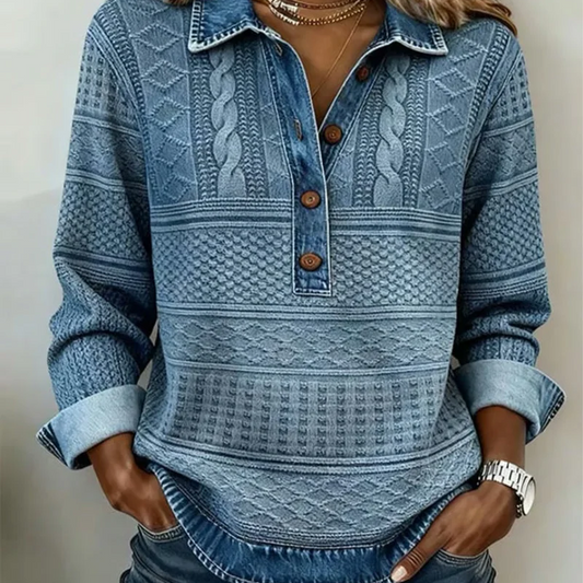 Damen-Jeanshemd mit Patchwork-Revers und langen Ärmeln