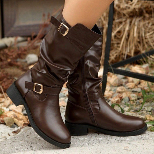 Retro-Stiefel für Damen mit Rüschen und Schnalle, halbhohe Wadenlänge