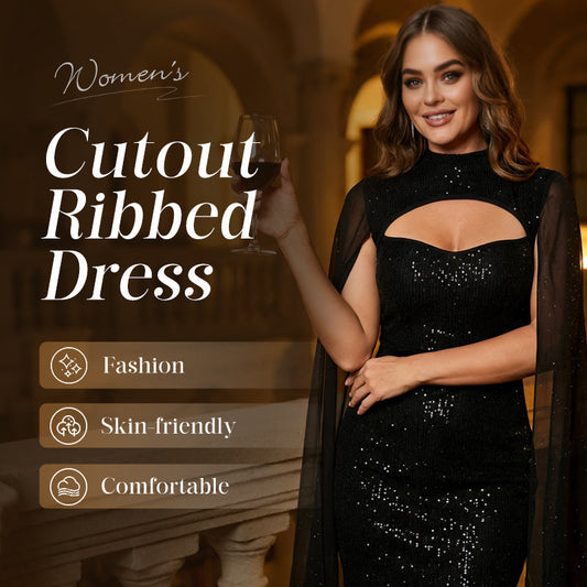 Ausgeschnittenes, geripptes Kleid für Damen mit Chiffon-Cape