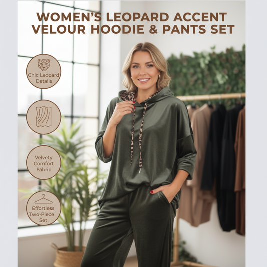 Damen-Set aus Kapuzenpullover und Hose aus Velours mit Leopardenmuster