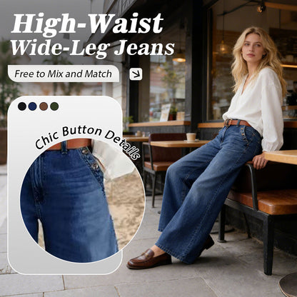 🔥Solange der Vorrat reicht 50 % Rabatt!🎉Hoch taillierte Jeans mit weitem Bein und Knopfdetail