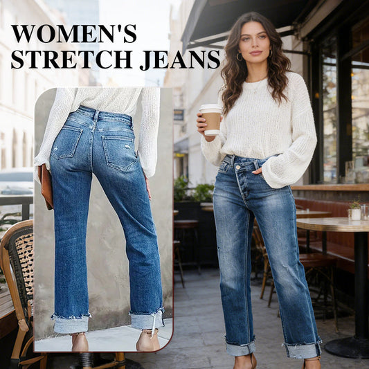 Damenjeans mit hoher Taille und geradem Bein aus Stretchmaterial