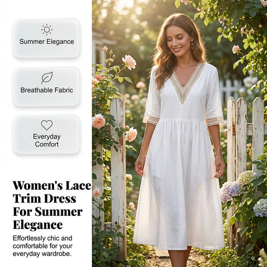 Midi-Kleid für Damen mit V-Ausschnitt und Spitzenbesatz❤️2 Stück kaufen und versandkostenfrei erhalten
