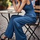 ⏰🎁Jumpsuit mit Neckholder, V-Ausschnitt, rückenfreiem Design und weitem Bein