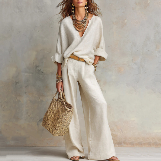 2-teiliges Set aus Damen-Top mit V-Ausschnitt und Hose mit weitem Bein