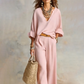 👗 50% RABATT! 🔥 2-teiliges Set aus Damen-Top mit V-Ausschnitt & Hose mit weitem Bein – Leicht & fließend – Perfekt für Sommer, Strand oder elegante Freizeitlooks – bequem & stilvoll zugleich 🌸