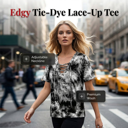 Tie-Dye-T-Shirt für Damen mit Schnürung und V-Ausschnitt