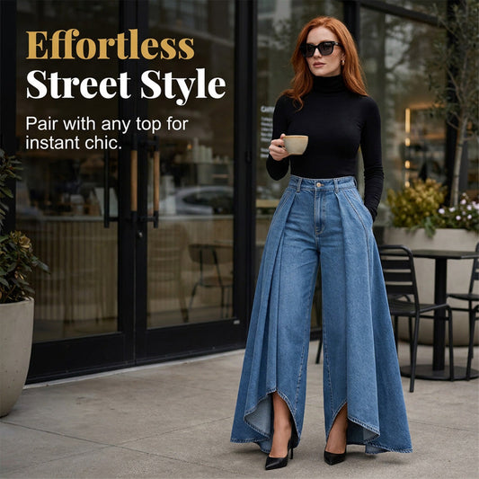 👖Damen Hochtaillierte Weitbein-Jeans mit High-Low-Saum