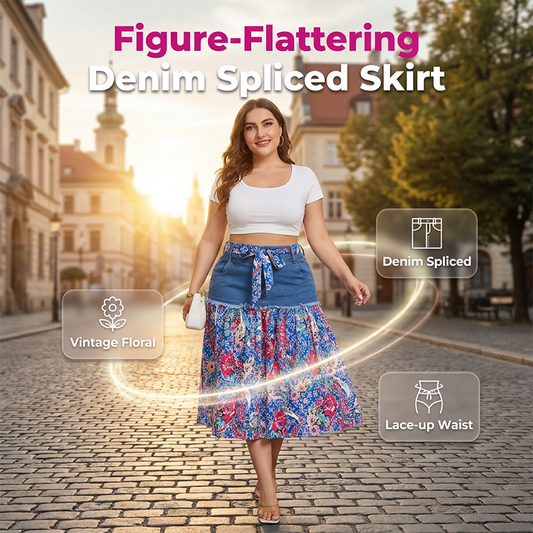 Eleganter Midirock im Boho-Stil für Damen in Übergröße, A-Linie, aus Denim mit Patchwork-Optik🌟2 Stück kaufen und versandkostenfrei erhalten