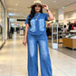 Damen lässiges zweiteiliges Denim-Set aus Oberteil und Hose
