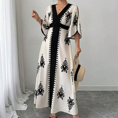 👗⏰ NUR NOCH HEUTE: 50% RABATT! Elegantes Damen Maxikleid mit V-Ausschnitt & Retro-Print – Fließender Stoff, Glockenärmel & kontrastierende schwarze Besätze – Perfekt für Urlaub, Picknick & Abendausflüge ✨