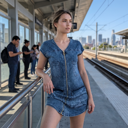 ⌛Zeitlich begrenztes Angebot-Damen lässiges Kurzarm-Reißverschluss-Kleid