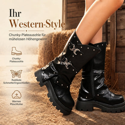 Damen Plateau-Stiefeletten mit mittlerem Blockabsatz, runder Zehenpartie, Nahtdetails, umschlagbarem Schaft und Schnallenriemen