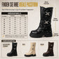 Damen Plateau-Stiefeletten mit mittlerem Blockabsatz, runder Zehenpartie, Nahtdetails, umschlagbarem Schaft und Schnallenriemen