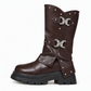 Damen Plateau-Stiefeletten mit mittlerem Blockabsatz, runder Zehenpartie, Nahtdetails, umschlagbarem Schaft und Schnallenriemen
