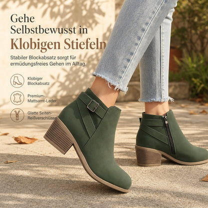 Damen-Wildleder-Marti nstiefel mit schräger Schnalle, klobigem Mittelfußabsatz und Seitenreißverschluss, Stiefeletten