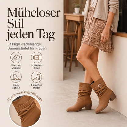 Damen Stiefeletten mit spitzer Zehenpartie und lässigem Faltenwurf bis zur Mitte der Wade