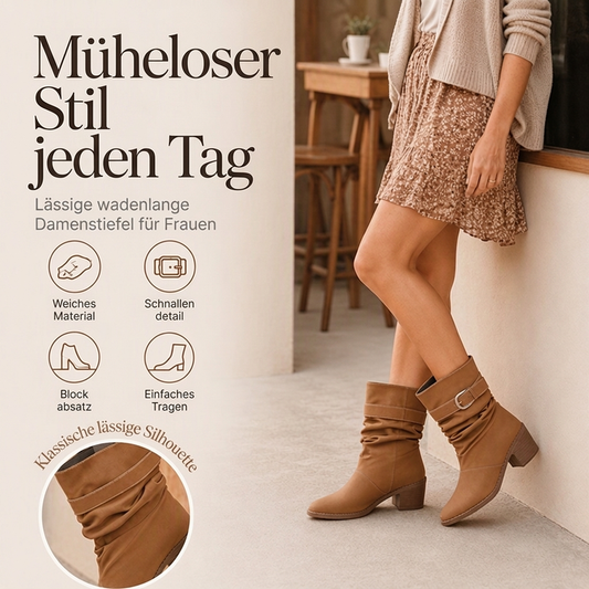 Damen Stiefeletten mit spitzer Zehenpartie und lässigem Faltenwurf bis zur Mitte der Wade