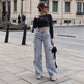 Damen High-Waist Stretch Denim Cargohose