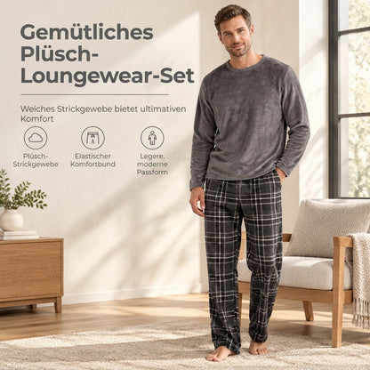 Weiches, plüschiges Strick-Loungewear-Pyjama-Set für Herren mit einfarbigem Rundhalsoberteil und Karottenhose